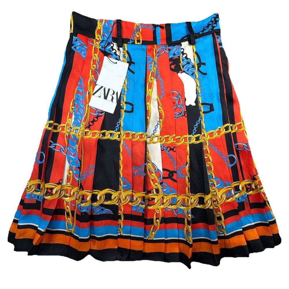 Zara Pleated Chain Print Mini Skirt Womens XS NWT Baroque Scarf Print -573